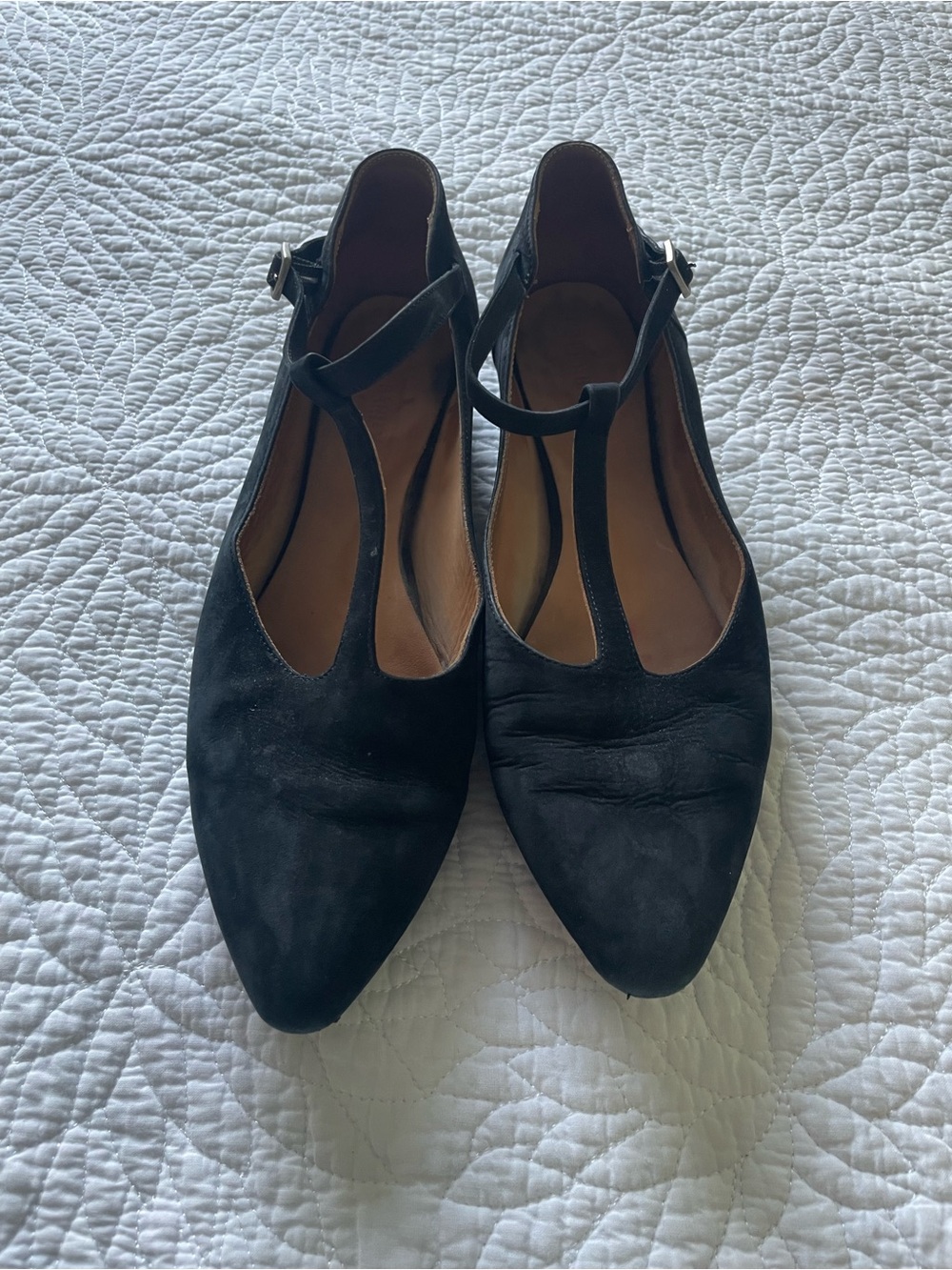 Poppy Barley Black T-Strap Pointed Suede Flats